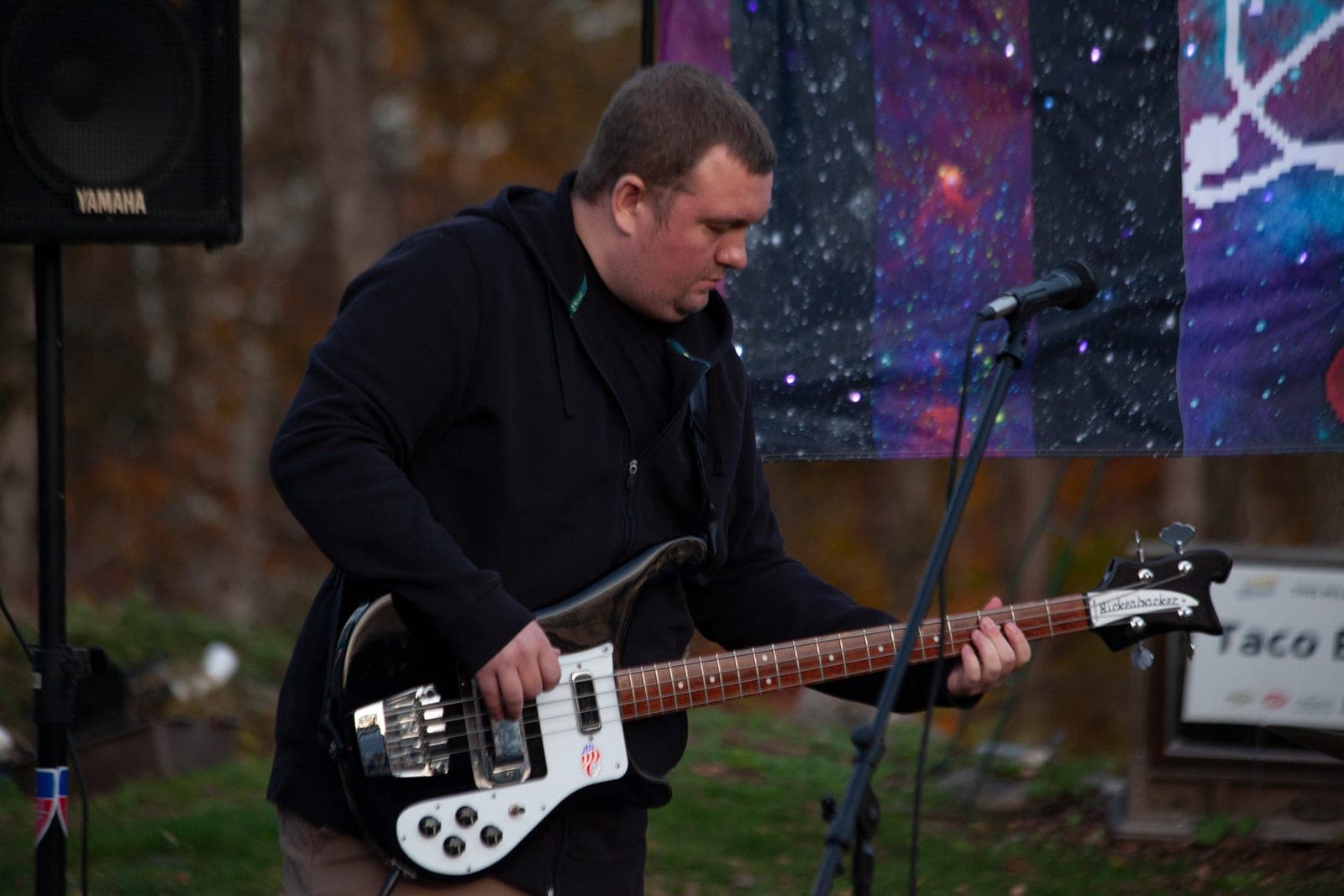 Orbitals bassist locked into a groove on a Rickenbacker